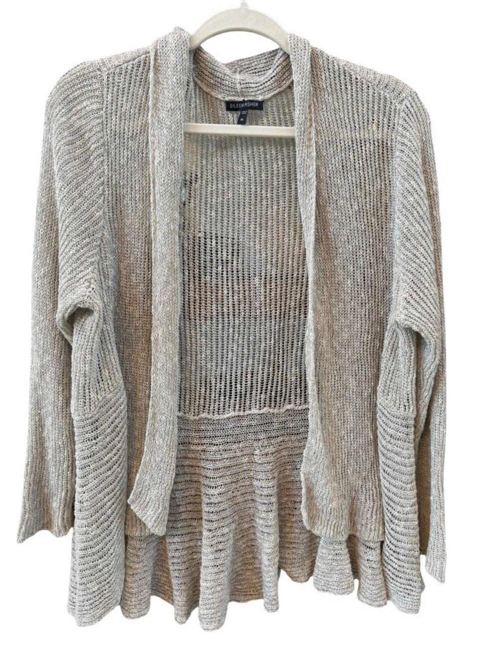 Eileen Fisher Oatmeal Open Knit Ruffle Hem Cardigan Sweater XL